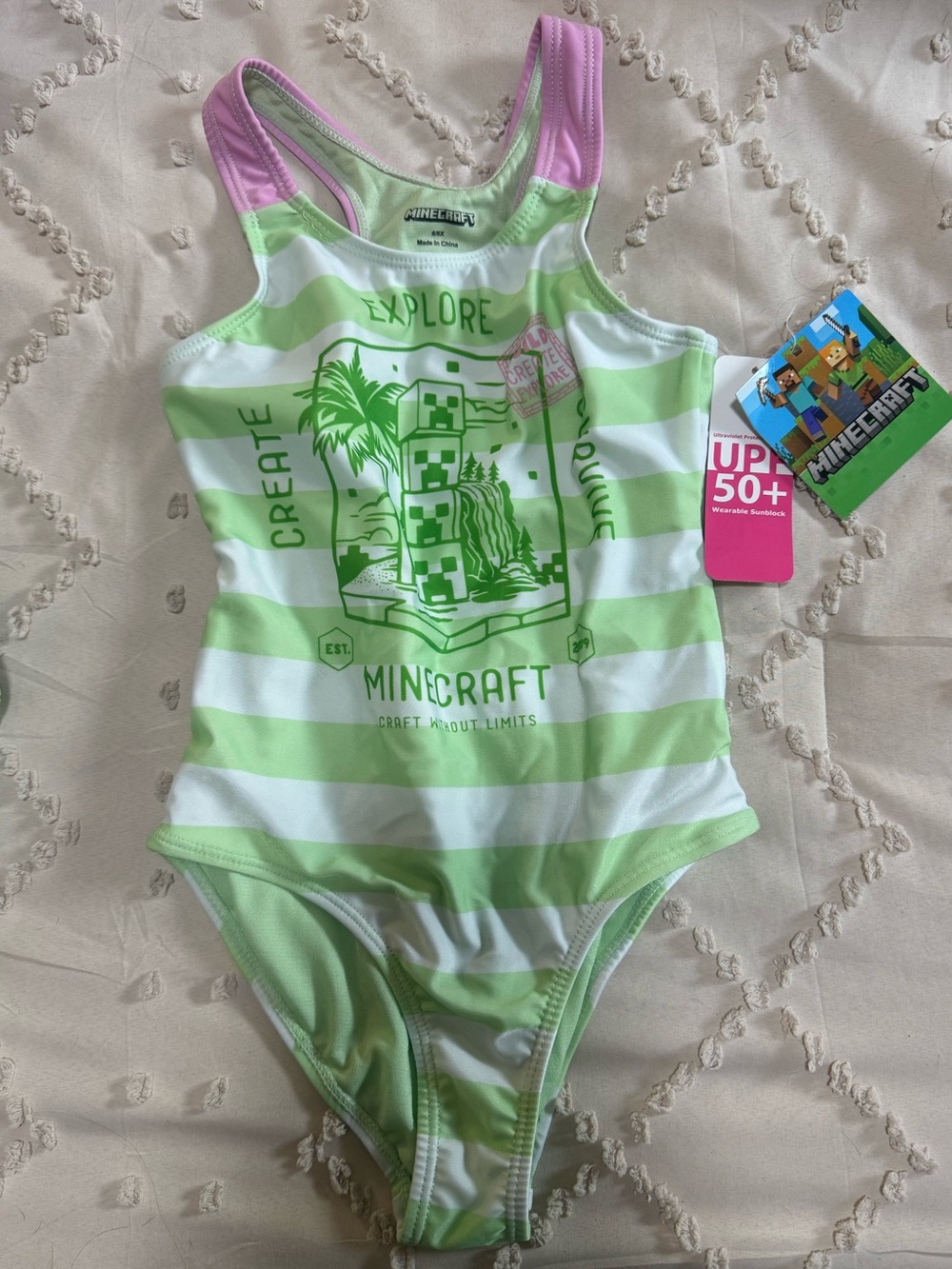 Minecraft Girls' Green & White Striped One-Piece Swimsuit with Pink Trim